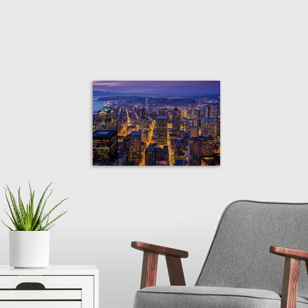 A modern room featuring Night downtown skyline, Seattle, Washington, USA