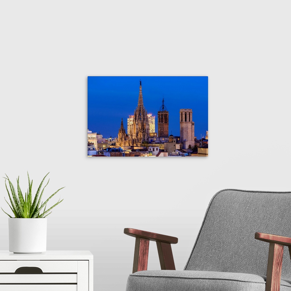 A modern room featuring Night view of Cathedral of Santa Eulalia, Barcelona, Catalonia, Spain