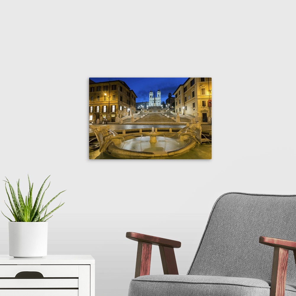 A modern room featuring Night view of Fontana della Barcaccia and Spanish Steps, Piazza di Spagna, Rome, Lazio, Italy.