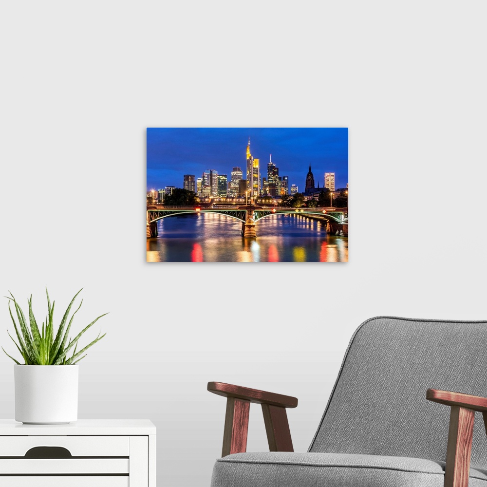 A modern room featuring Night view of the financial district skyline, Frankfurt, Hesse, Germany