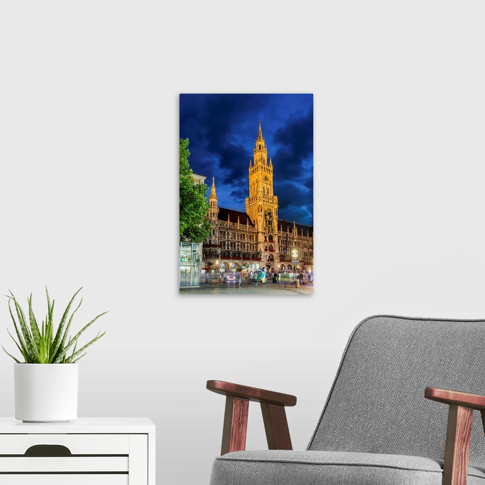 A modern room featuring Night view of the new city hall or Neues Rathaus, Marienplatz, Munich, Bavaria, Germany