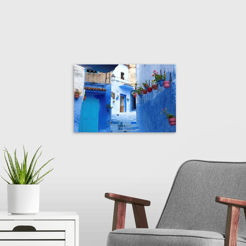 A modern room featuring North Africa, Morocco, Chefchaouen district. Details of the city.