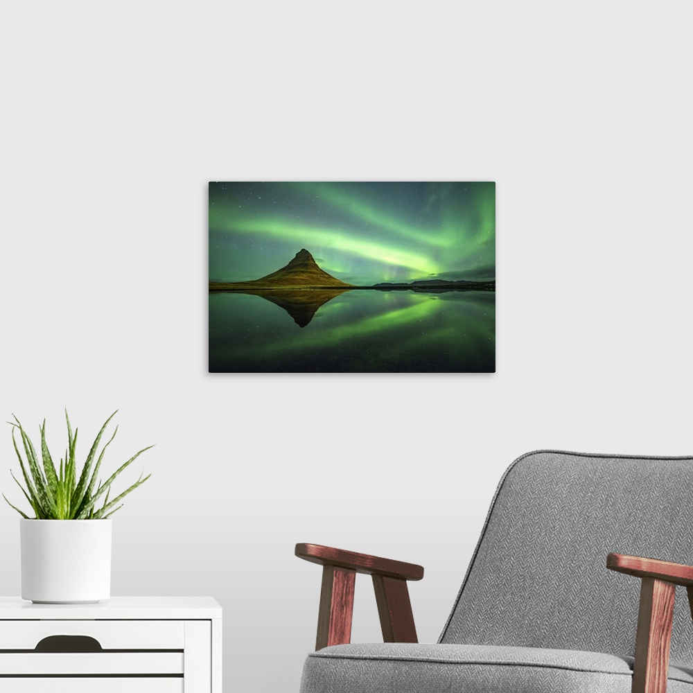 A modern room featuring Northern lights above Kirkjufell Mountain, Snaefellsnes peninsula, Western Iceland, Europe.