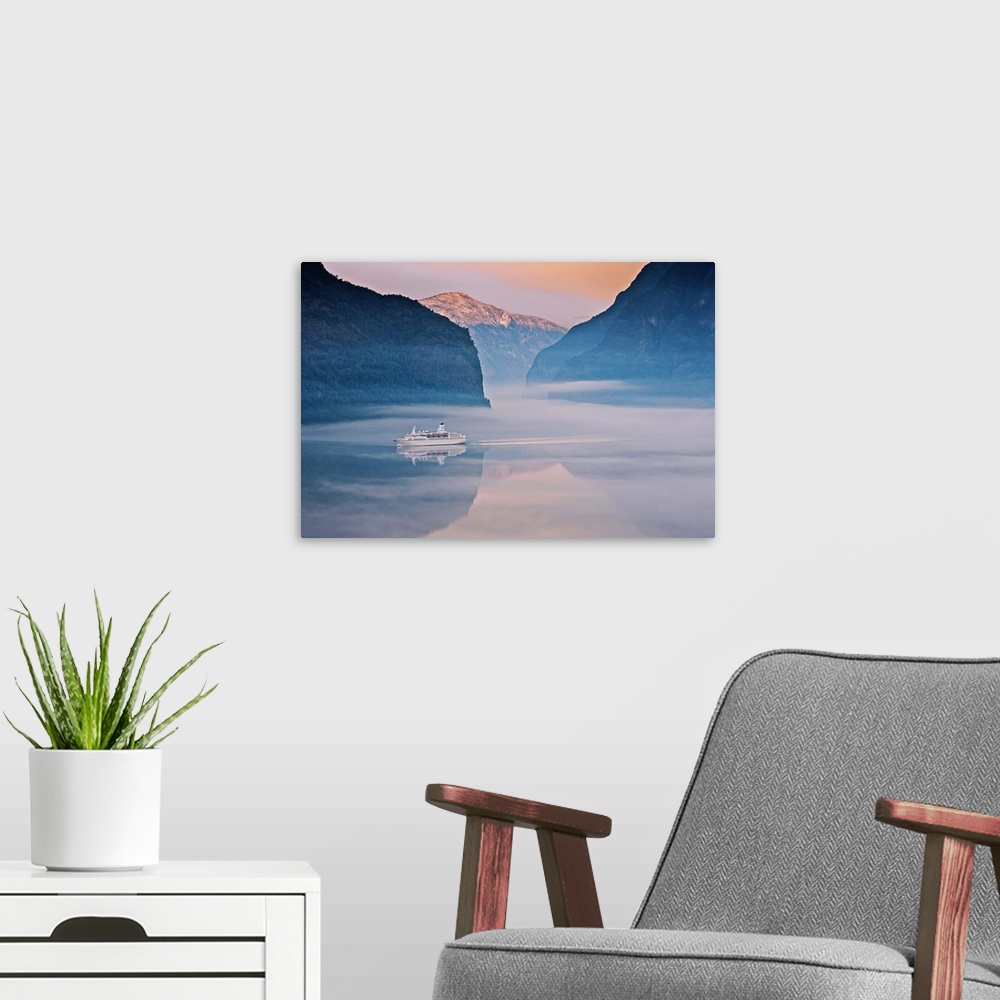 A modern room featuring Norway, Western Fjords, Aurland Fjord, Cruise ship in fjord