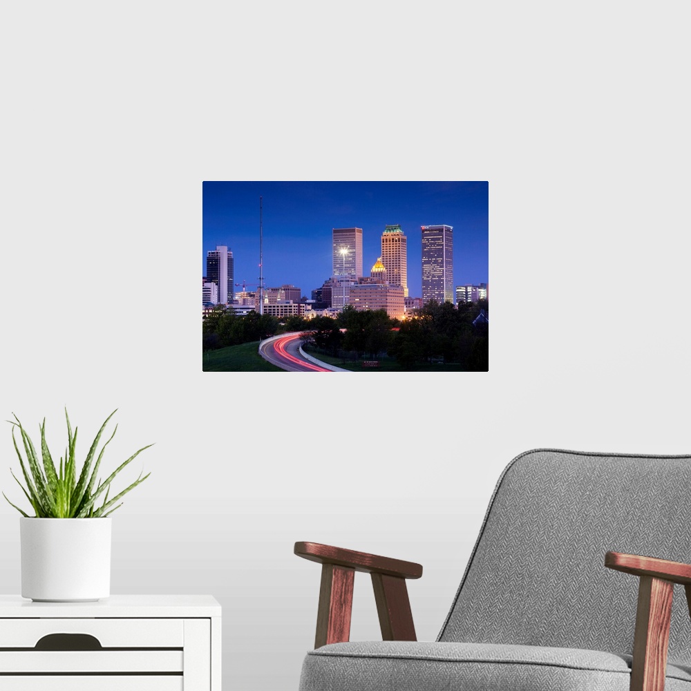 A modern room featuring USA, Oklahoma, Tulsa, skyline from Route 75, dawn