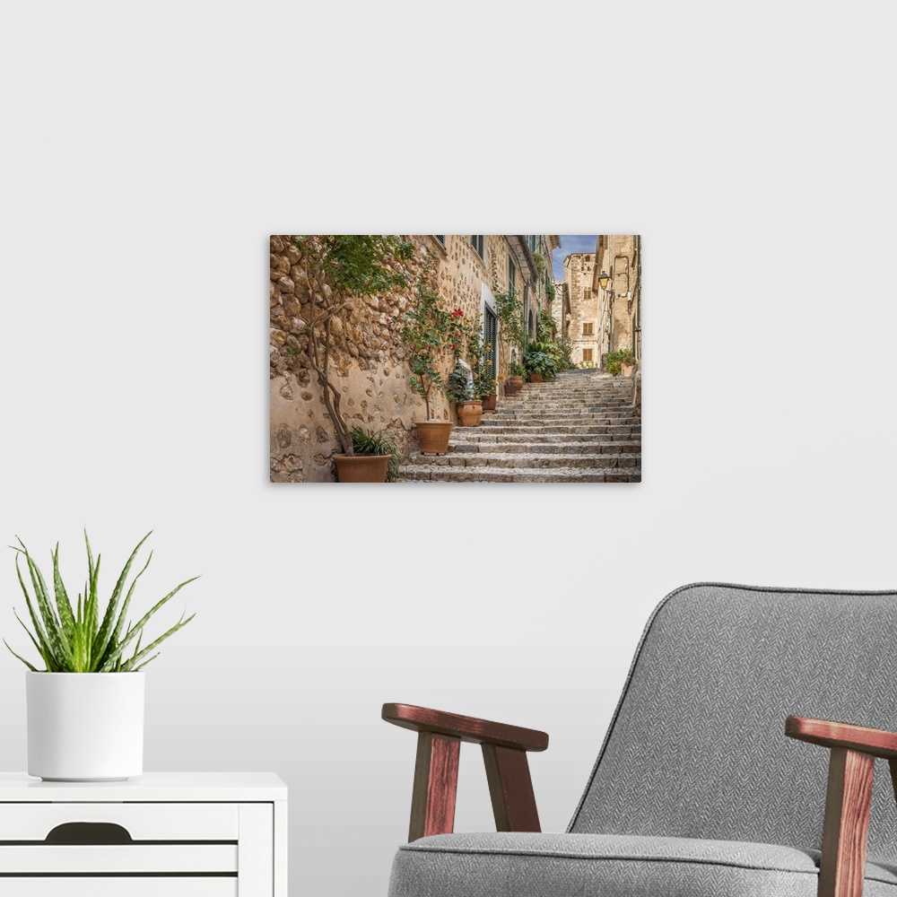 A modern room featuring Old town alley in the village of Fornalutx, Mallorca, Spain.
