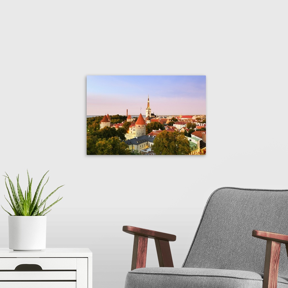 A modern room featuring Old Town view from Toompea Hill, a Unesco World Heritage Site. Tallinn, Estonia.