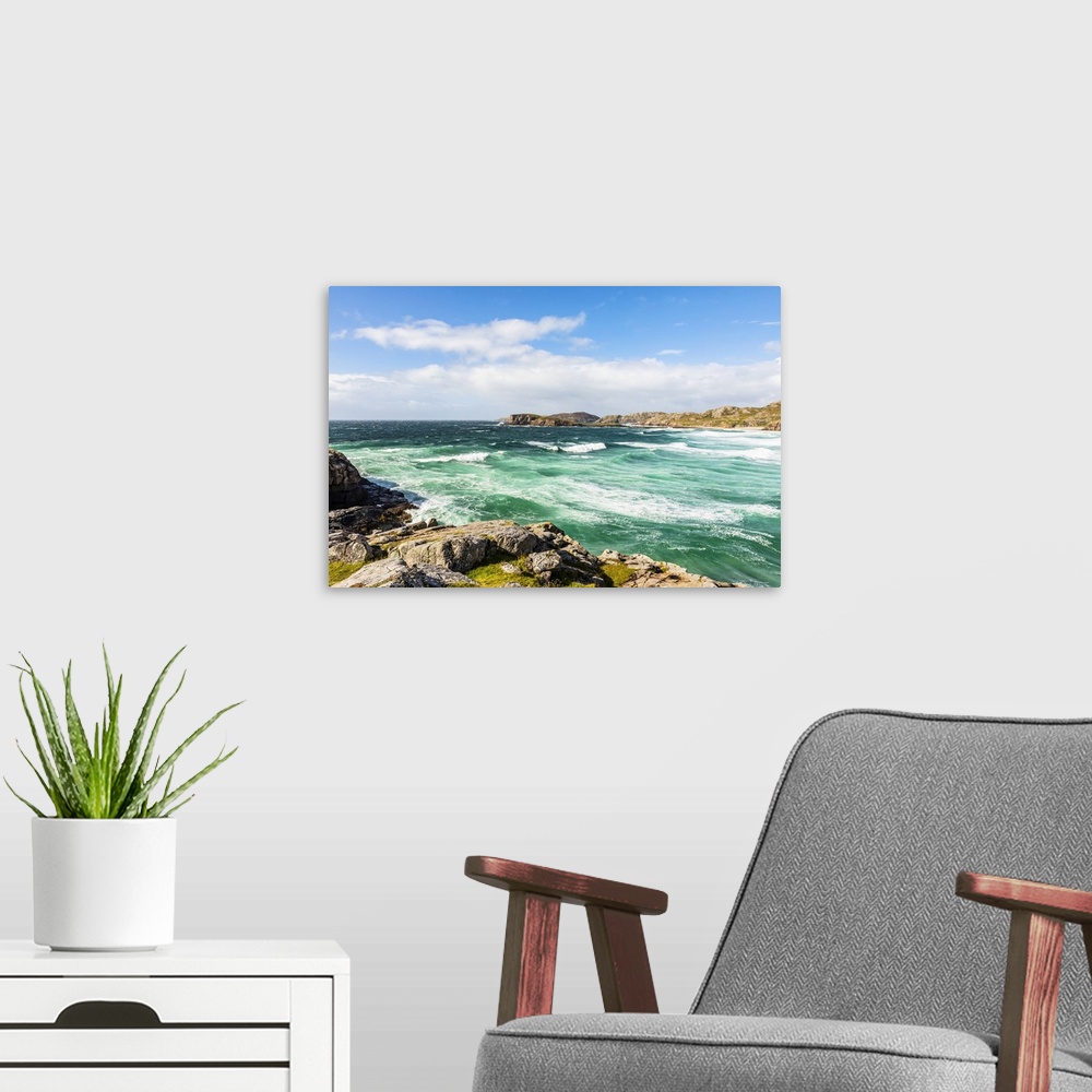 A modern room featuring Oldshoremore Beach, Sutherland, Highlands, Scotland, United Kingdom.