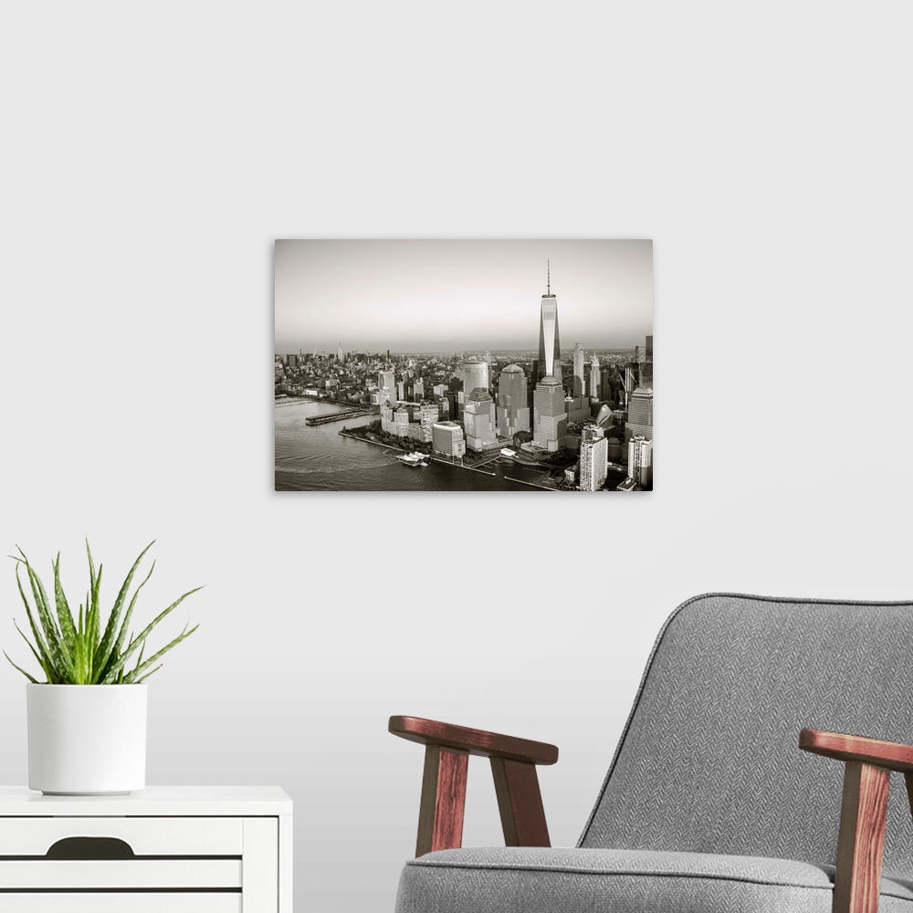 A modern room featuring One World Trade Center and Lower Manhattan, New York City, New York, USA.