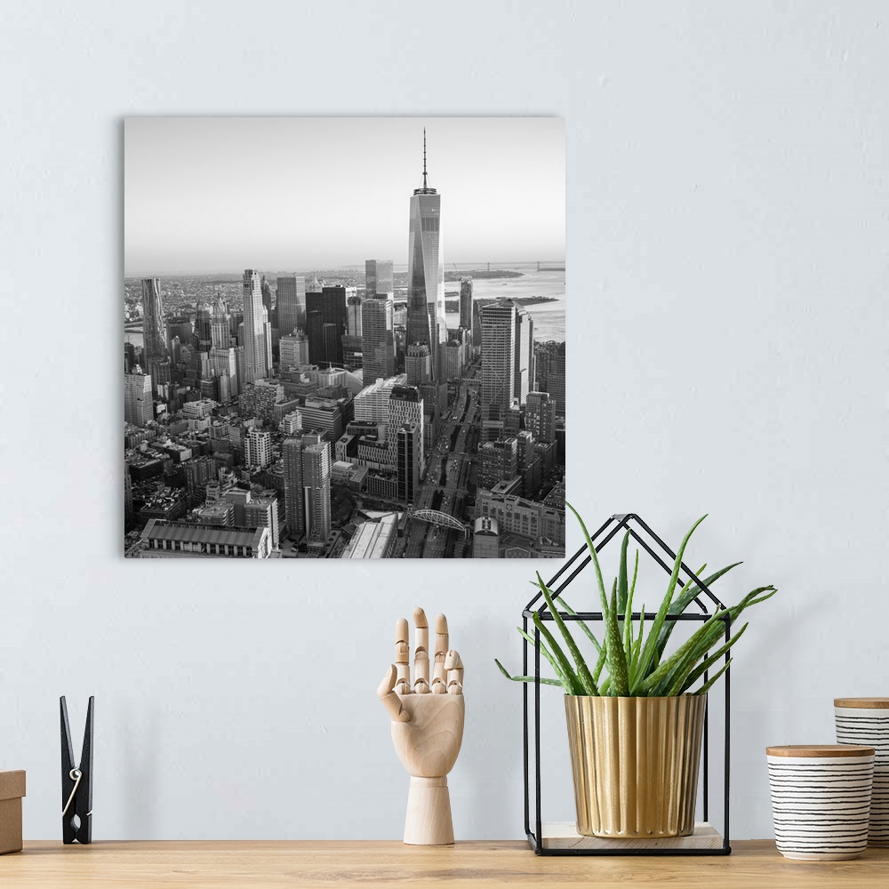 A bohemian room featuring One World Trade Center and Lower Manhattan, New York City, New York, USA.