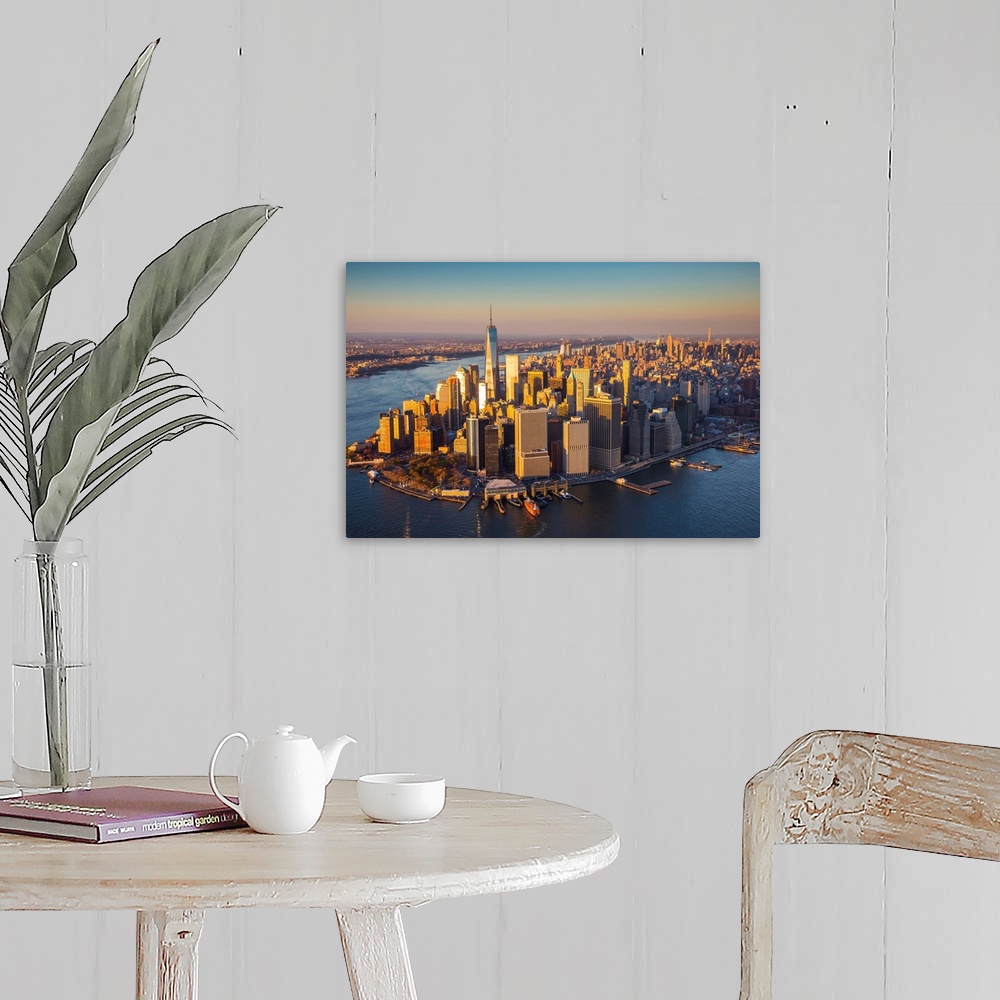 A farmhouse room featuring One World Trade Center and Lower Manhattan, New York City, New York, USA.