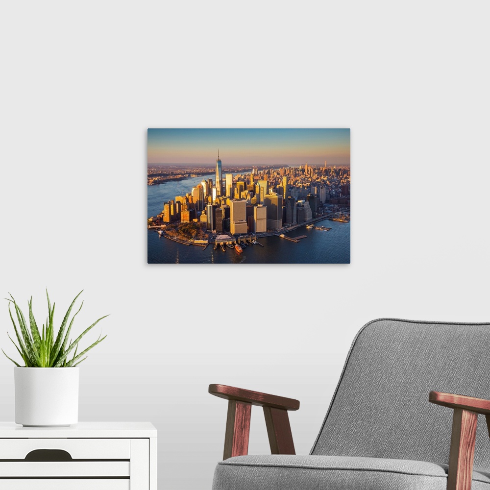 A modern room featuring One World Trade Center and Lower Manhattan, New York City, New York, USA.