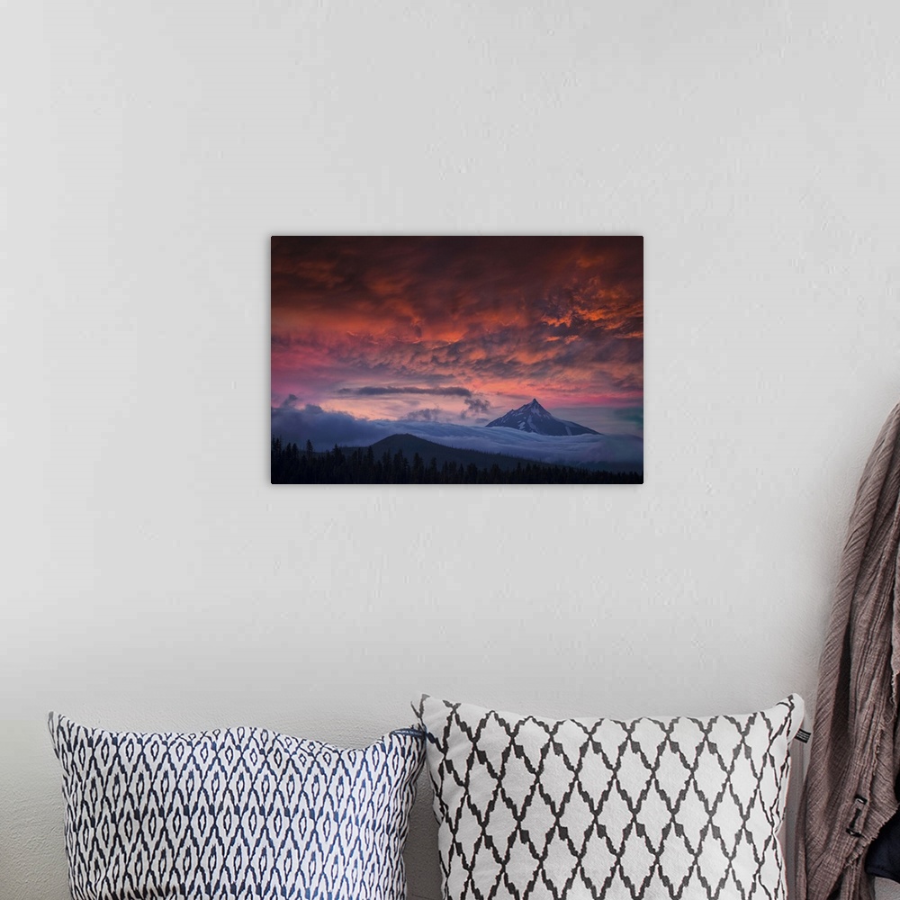 A bohemian room featuring USA, Oregon Central Cascades mountains, Mount Jefferson at sunset.