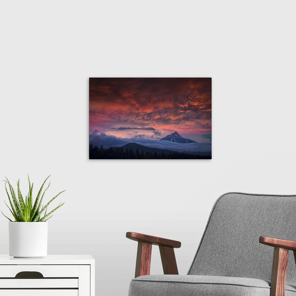 A modern room featuring USA, Oregon Central Cascades mountains, Mount Jefferson at sunset.