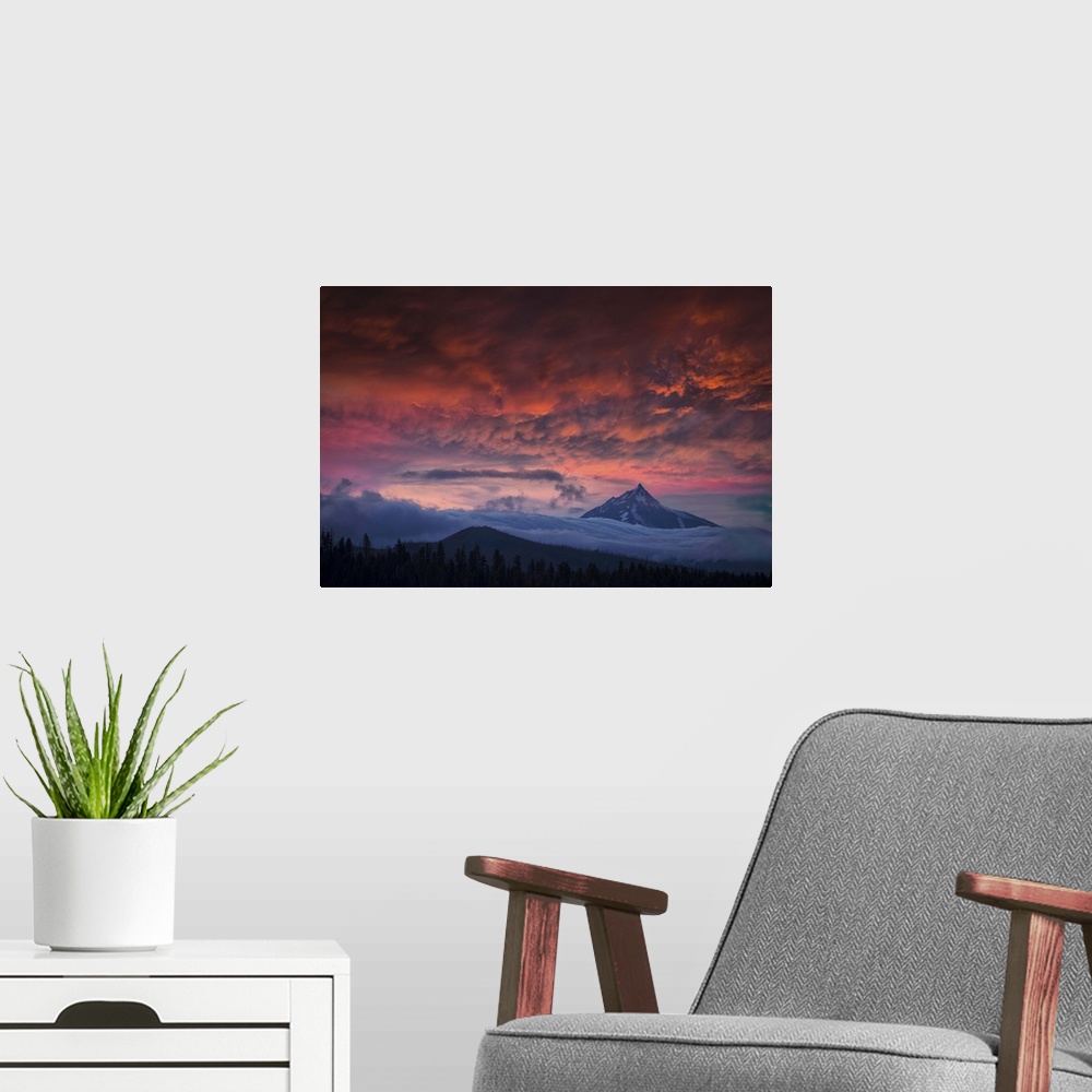 A modern room featuring USA, Oregon Central Cascades mountains, Mount Jefferson at sunset.