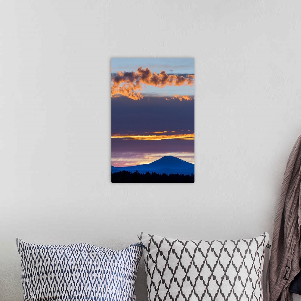 A bohemian room featuring USA, Oregon, Central Oregon, Bend, Mount Bachelor at sunset.