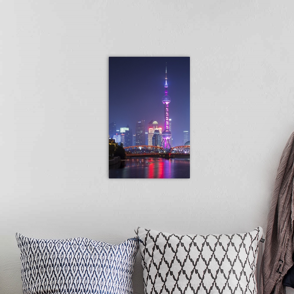 A bohemian room featuring Oriental Pearl Tower and Waibaidu bridge, Pudong, Shanghai, China.