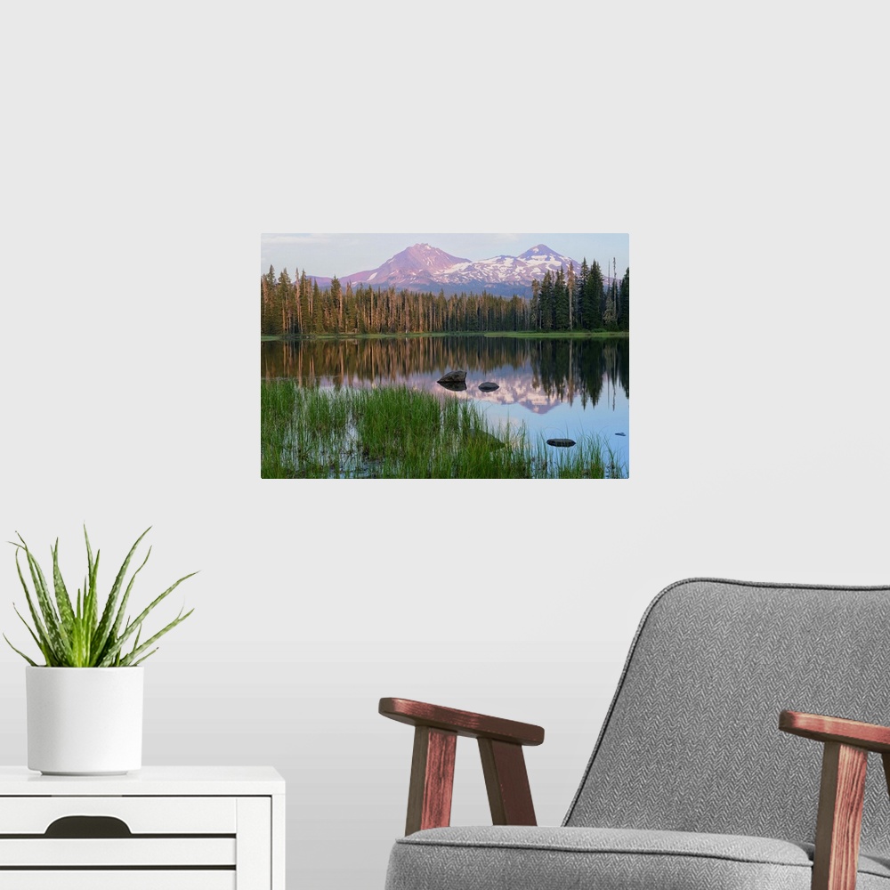 A modern room featuring USA, Pacific Northwest, Oregon Cascades, Scott lake with three sisters mountains.