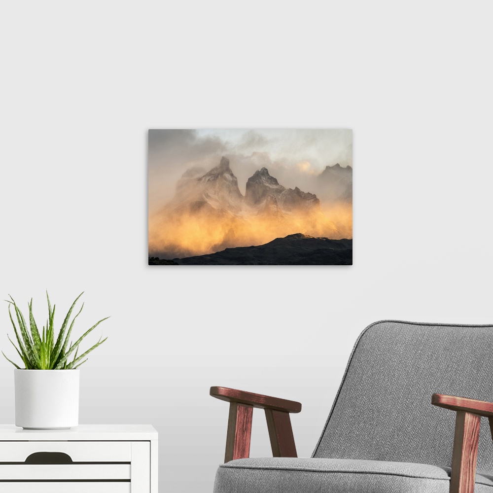 A modern room featuring Close-up on Paine Horns and Cerro Paine at sunrise. Torres del Paine National Park, Ultima Espera...