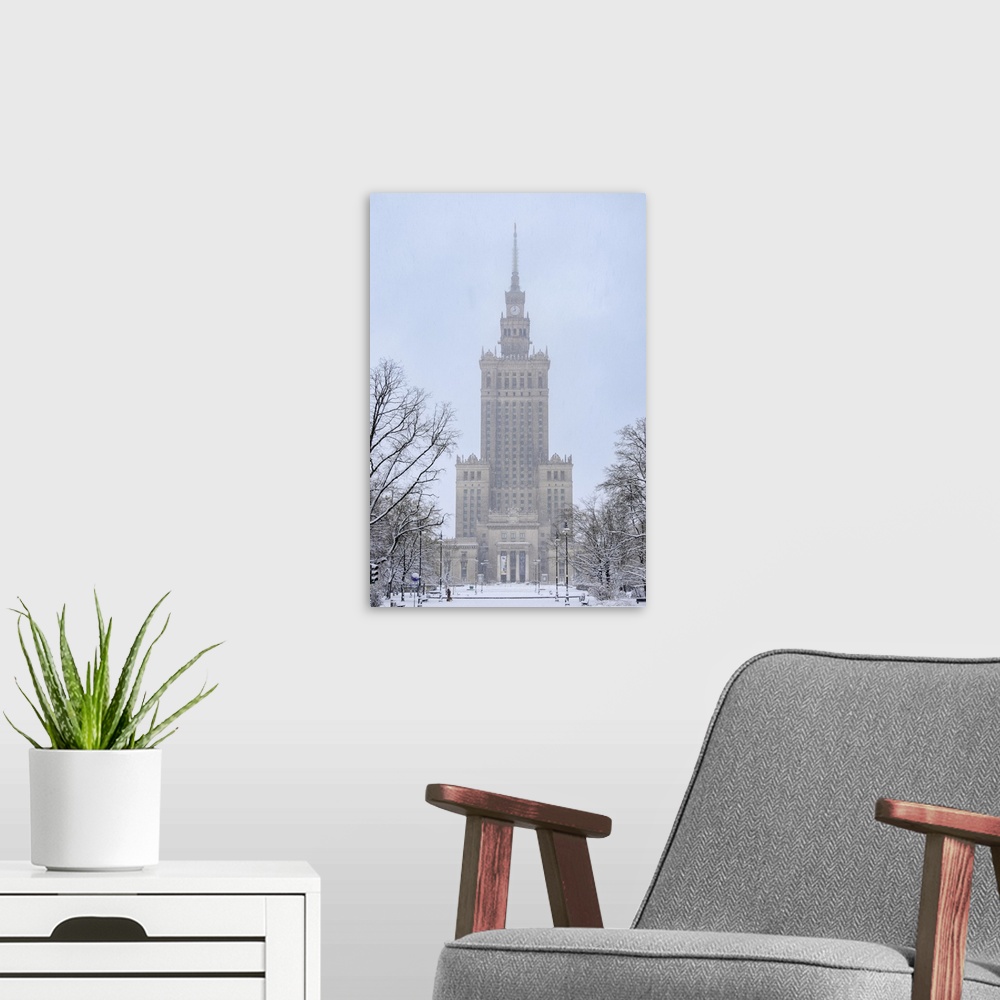 A modern room featuring Palace of Culture and Science, winter, Warsaw, Masovian Voivodeship, Poland