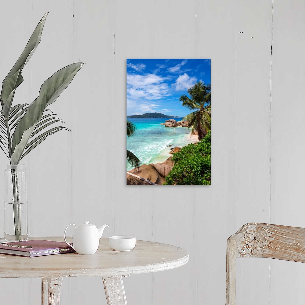 A farmhouse room featuring Palm trees and tropical beach, La Digue, Seychelles.