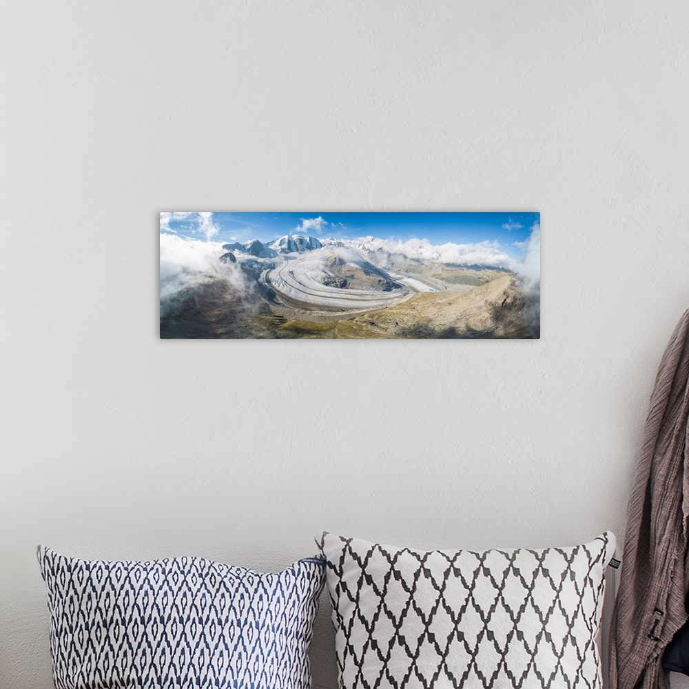 A bohemian room featuring Panoramic Aerial View Of The Diavolezza And Pers Glaciers, St. Moritz, Canton Of Graubunden, Enga...