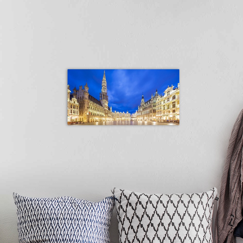 A bohemian room featuring Panoramic view of Grand Place in Brussels by night, Belgium
