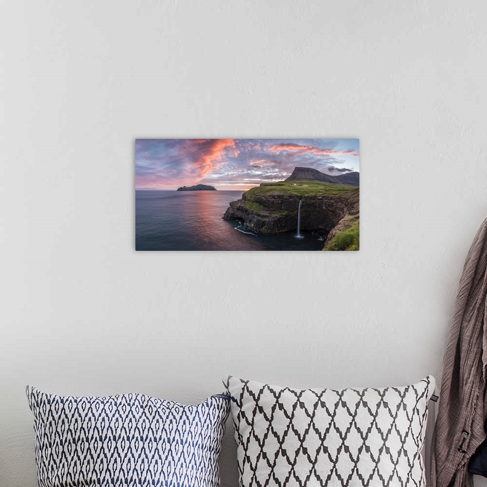 A bohemian room featuring Gasadalur, Vagar island, Faroe Islands, Denmark. Panoramic view of Mykines and the iconic waterfa...