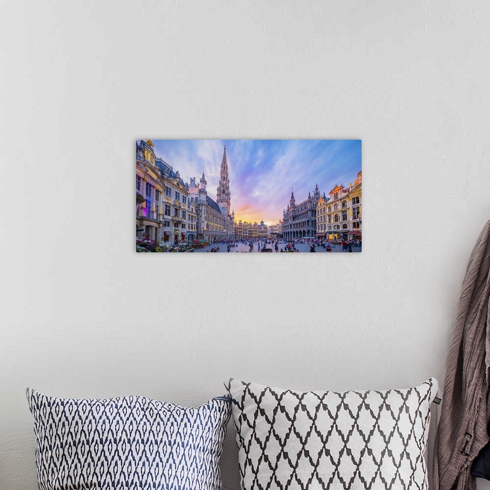A bohemian room featuring Panoramic view of the Grand Place in Brussels at dusk, Belgium