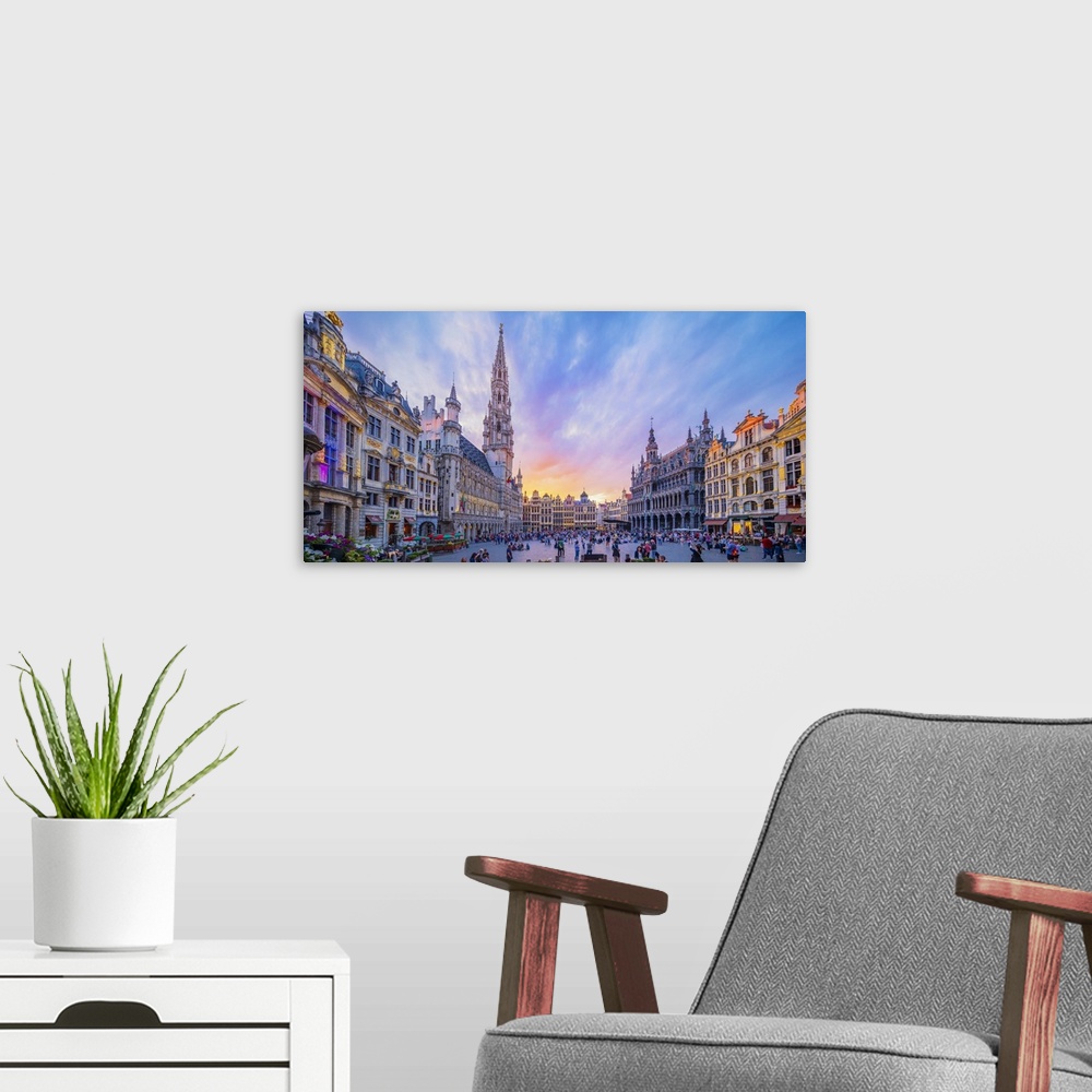 A modern room featuring Panoramic view of the Grand Place in Brussels at dusk, Belgium