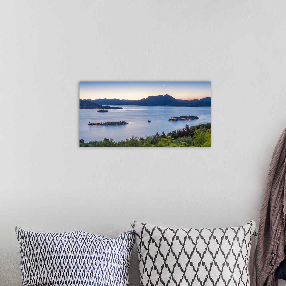 A bohemian room featuring Borromean Islands, Stresa, Lake Maggiore, Verbano-Cusio-Ossola, Piedmont, Italy. Panoramic view o...