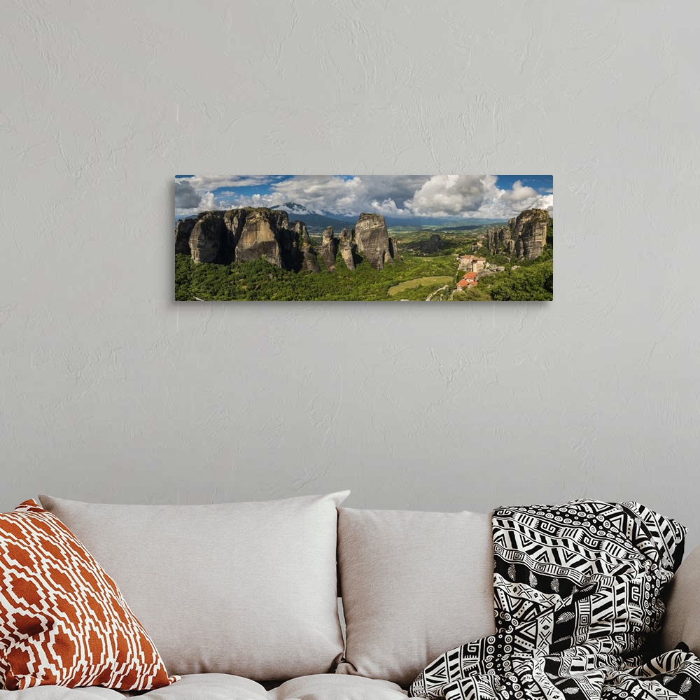 A bohemian room featuring Panoramic view over the spectacular massive rocky pinnacles of Meteora, Thessaly, Greece
