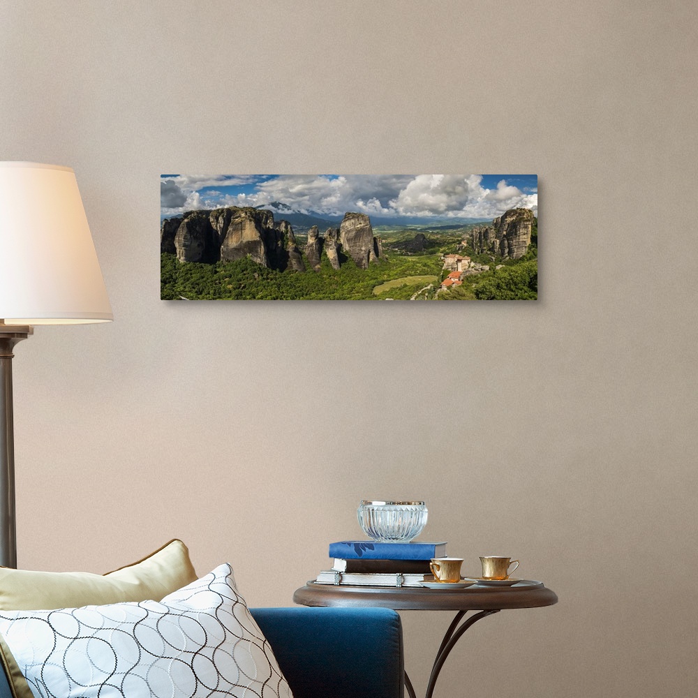 A traditional room featuring Panoramic view over the spectacular massive rocky pinnacles of Meteora, Thessaly, Greece