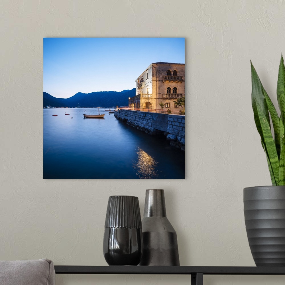 A modern room featuring Perast at twilight, Bay of Kotor, Montenegro