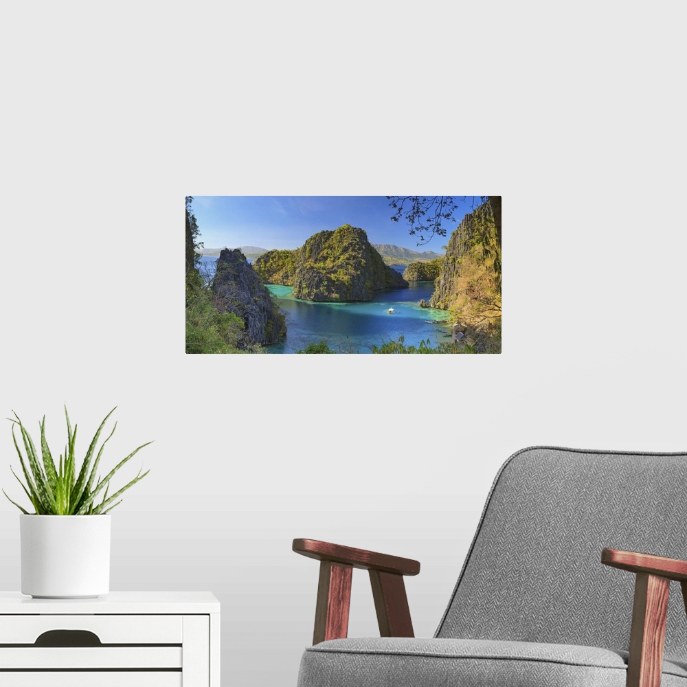 A modern room featuring Philippines, Palawan, Coron Island, Kayangan Lake, elevated view from one of the limestone cliffs