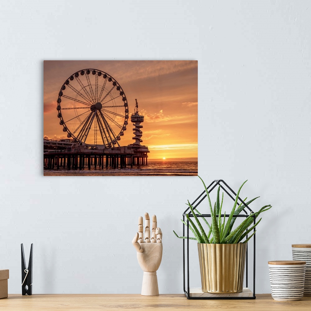 A bohemian room featuring Pier And Ferris Wheel In Scheveningen, Sunset, The Hague, South Holland, The Netherlands