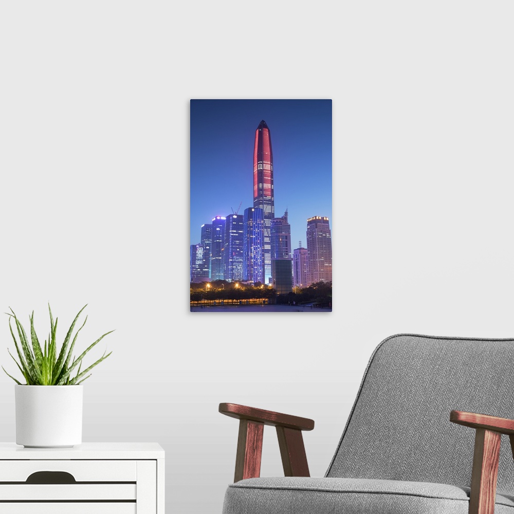 A modern room featuring Ping An International Finance Centre (world's 4th tallest building in 2017 at 600m) and Civic Squ...