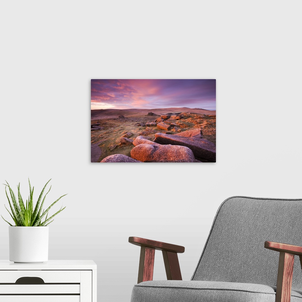 A modern room featuring Pink dawn sky above Belstone Tor, looking towards Higher Tor and Winter Tor in the mid distance a...