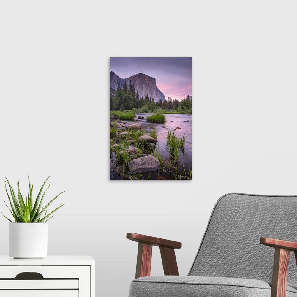 A modern room featuring Pink twilight over the River Merced at Valley View, Yosemite National Park, California, USA. Spring