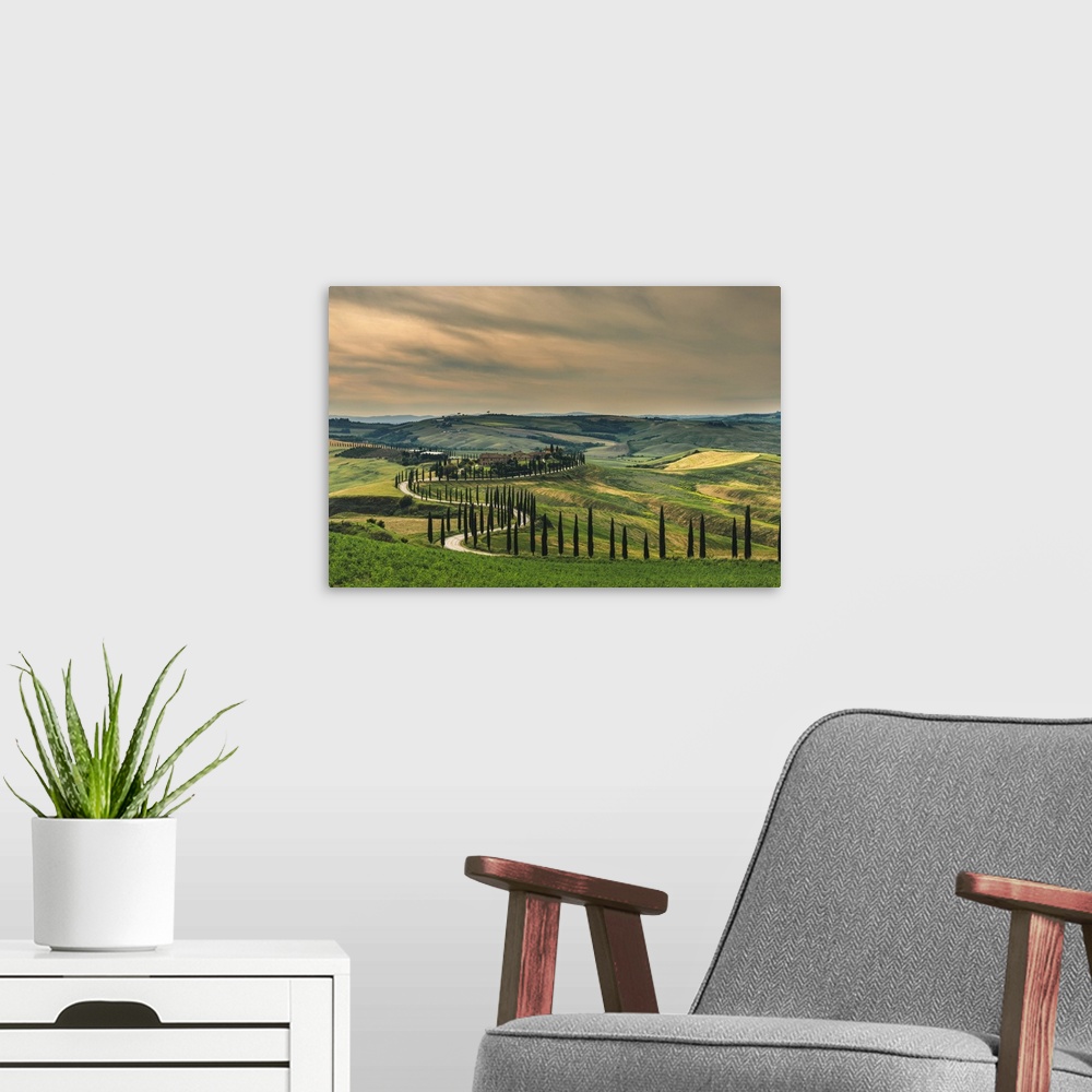 A modern room featuring Podere Baccoleno in spring during a hazy afternoon, Crete Senesi, Tuscany, Italy