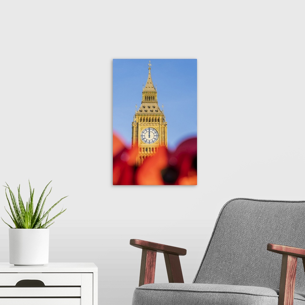 A modern room featuring Poppies and Big Ben, also known as Elizabeth Tower. Part of the Houses of Parliament and a Unesco...