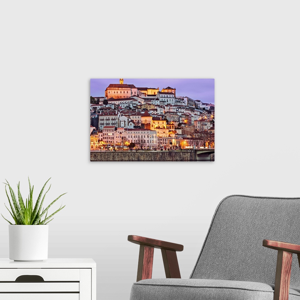 A modern room featuring Europe, Portugal, Centro, Baixo Mondego, Coimbra, twilight view of the medieval city centre, the ...