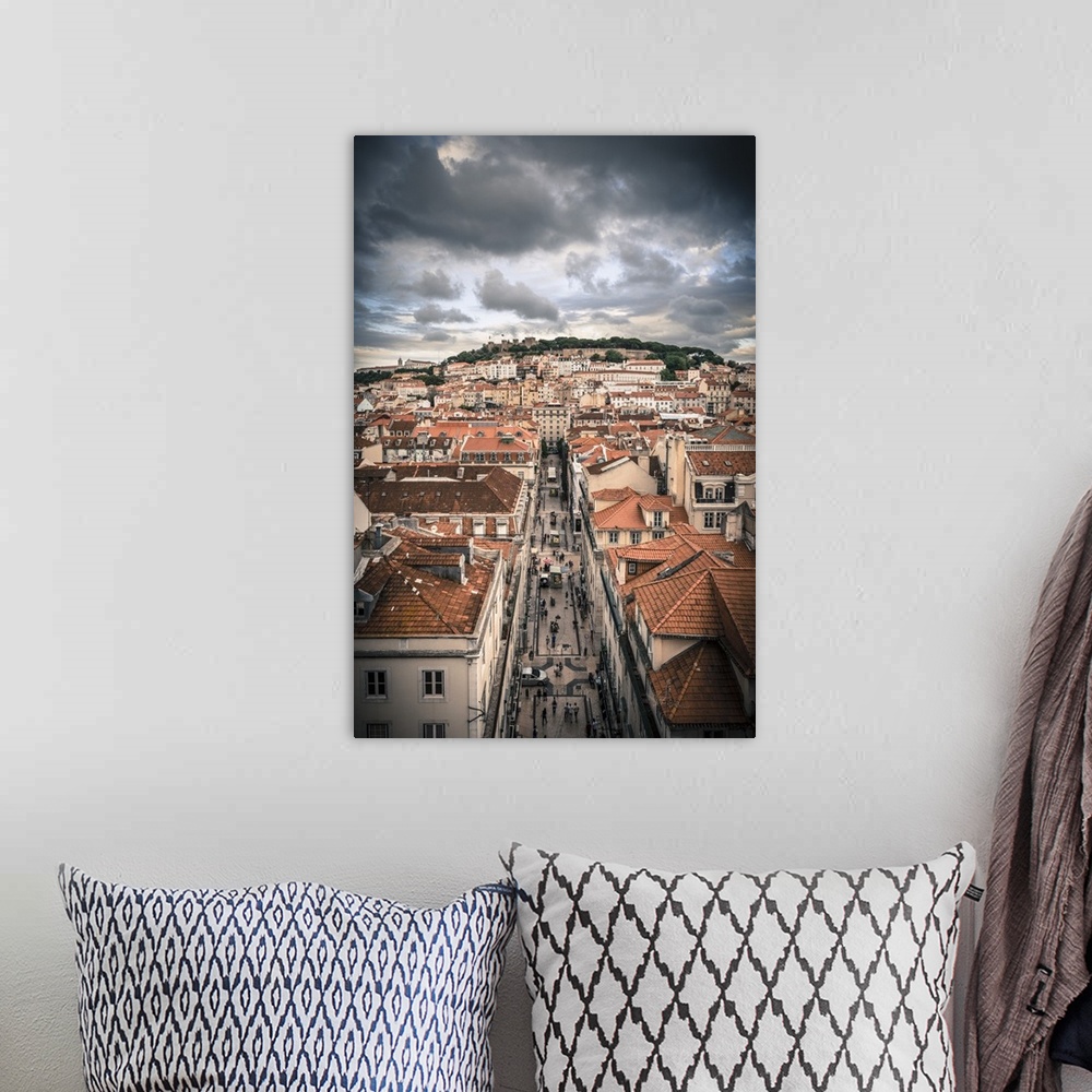 A bohemian room featuring Portugal, Lisbon, rooftop view of Baixa District with Sao Jorge Castle and Alfama District beyond