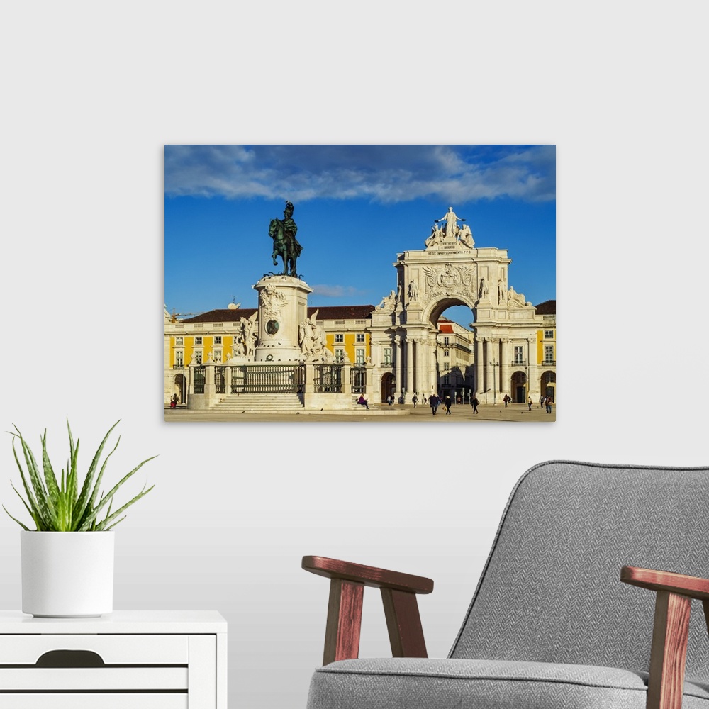 A modern room featuring Portugal, Lisbon, Commerce Square, View of the Statue of King Jose I by Machado de Castro and the...