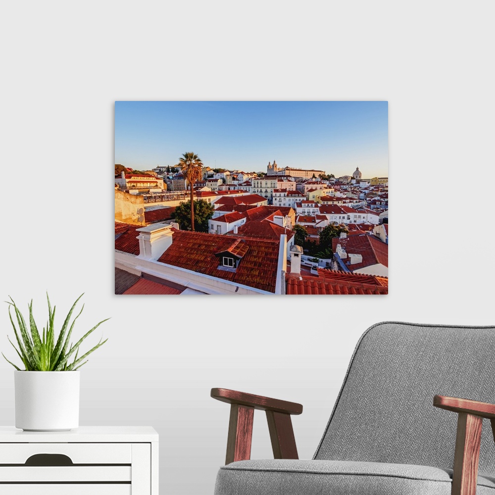 A modern room featuring Portugal, Lisbon, Miradouro das Portas do Sol, View over Alfama Neighbourhood towards the Sao Vic...