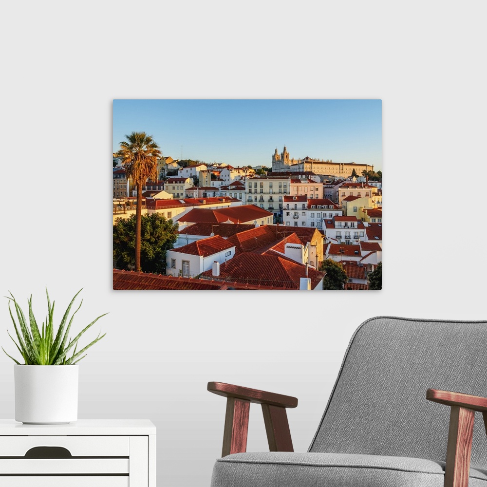 A modern room featuring Portugal, Lisbon, Miradouro das Portas do Sol, View over Alfama Neighbourhood towards the Monaste...