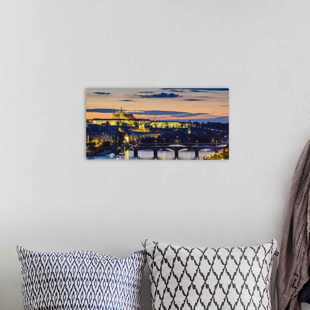 A bohemian room featuring Czech Republic, Prague. Prague Castle, Pazsky Hrad, and the Vltava River at sunset from the Vyseh...