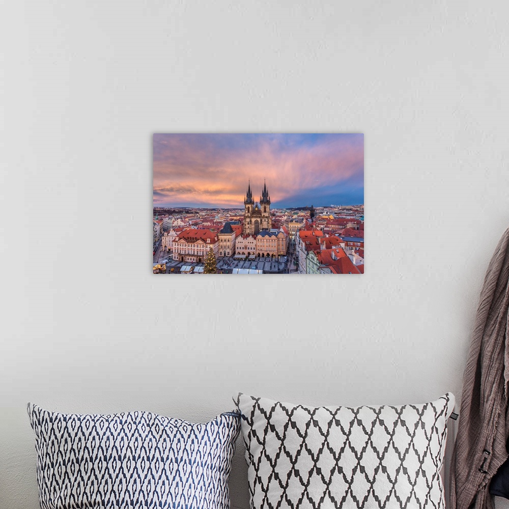 A bohemian room featuring Prague, Czech Republic The Church Of Saint Mary Of Tyn Photographed At Sunset