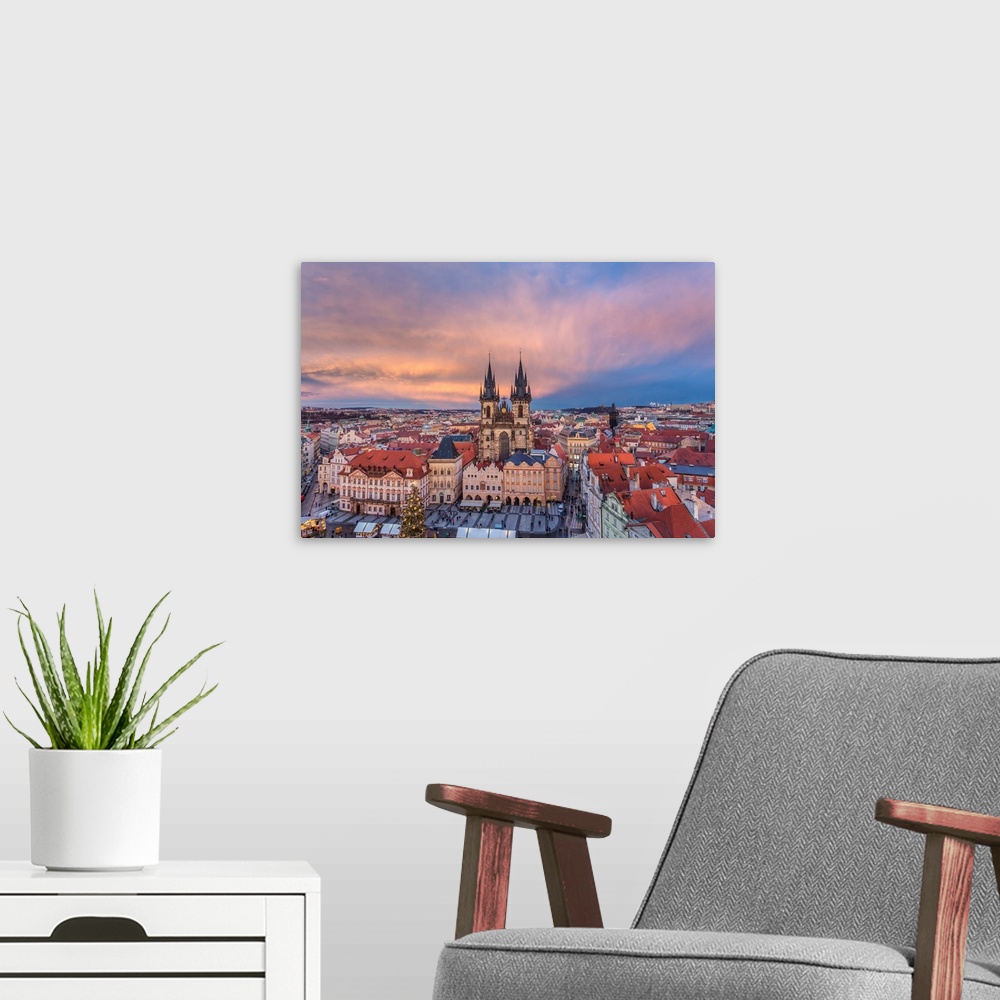A modern room featuring Prague, Czech Republic The Church Of Saint Mary Of Tyn Photographed At Sunset