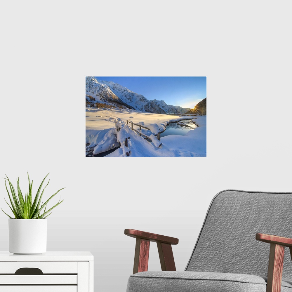 A modern room featuring Pristine snow in winter in Rezzalo valley, Sondrio district, Valtellina, Lombardy, Italy.